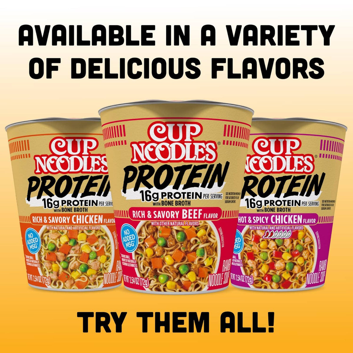 Assorted Cup Noodles Protein ramen cups on display