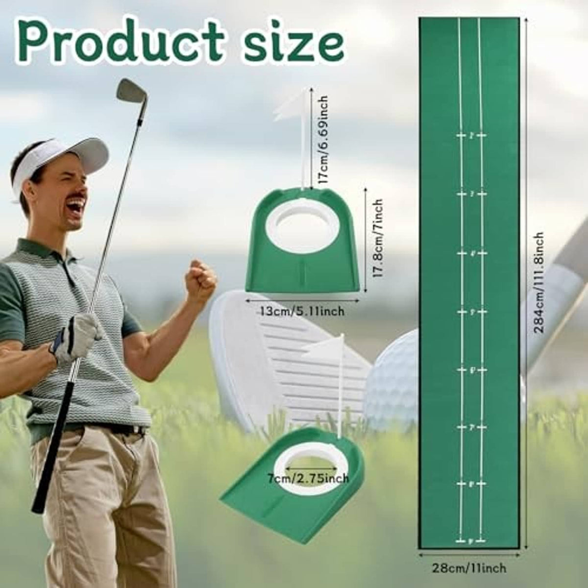 Green putting mat with printed alignment lines and upright cup flag