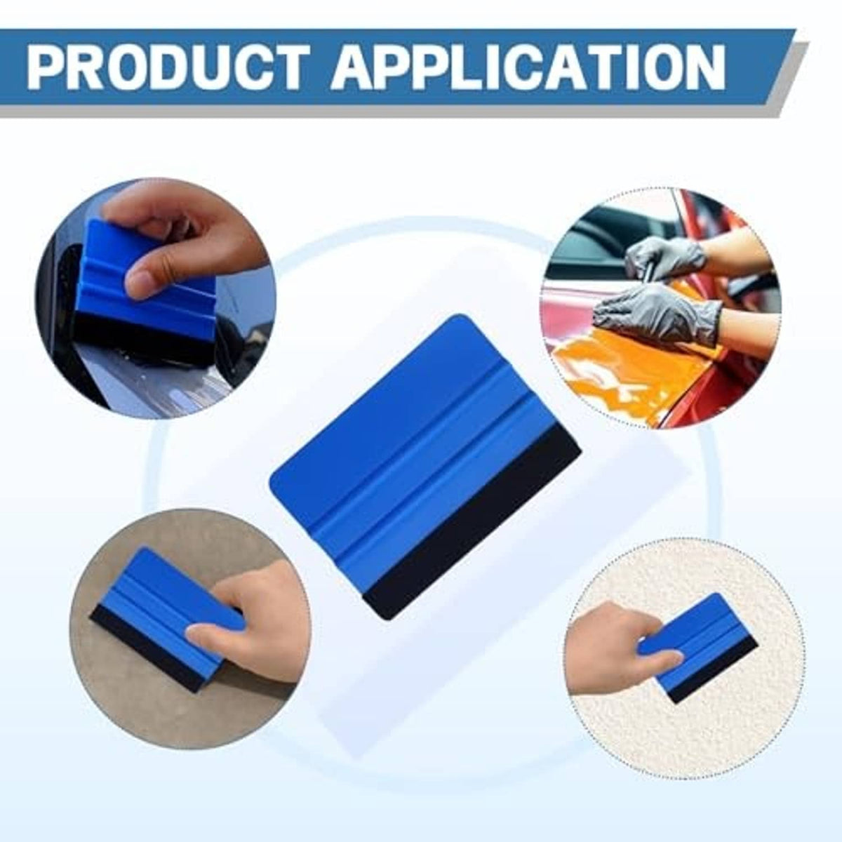 Blue felt edge squeegee scraper for applying vinyl wrap, hands-in-use shown