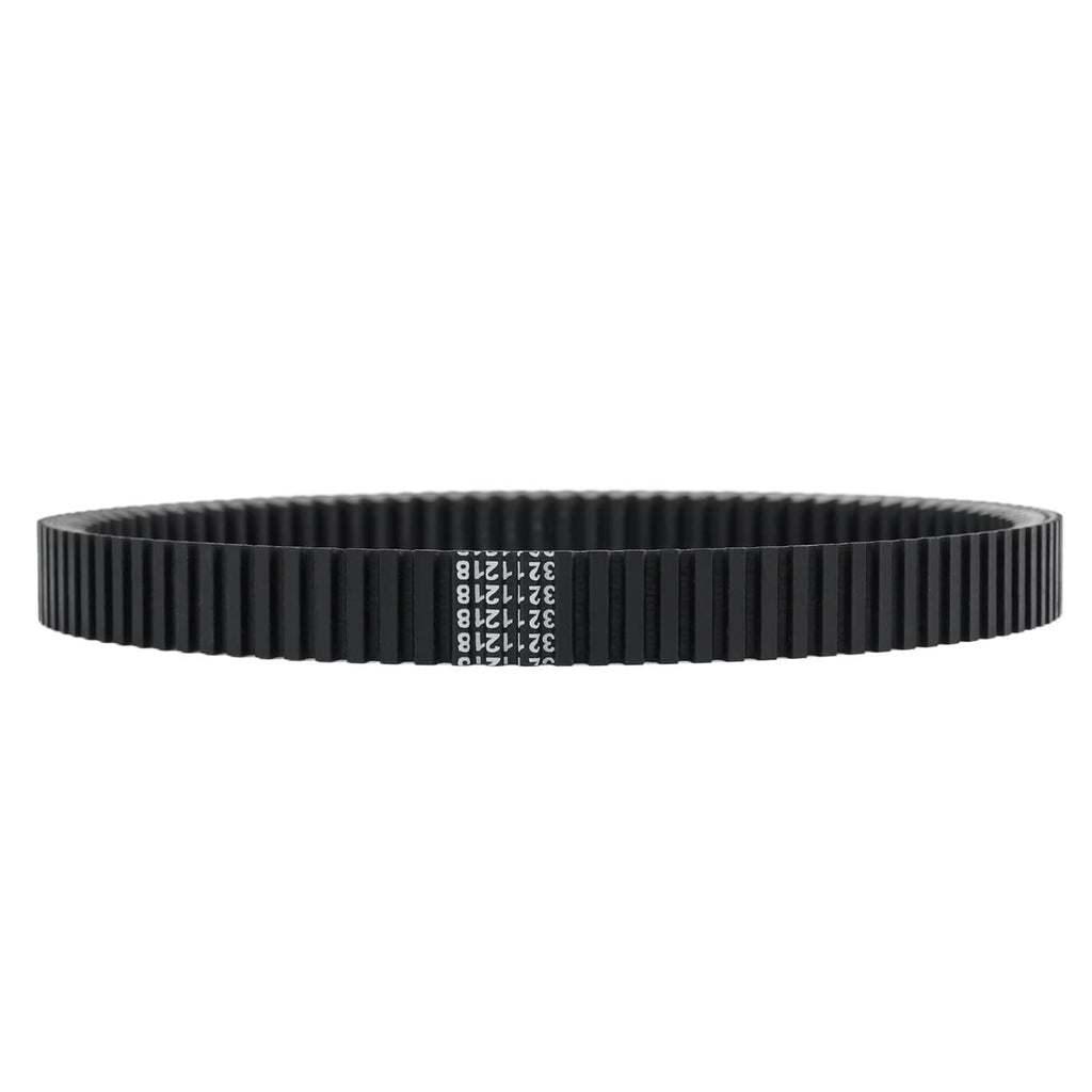 Black toothed drive belt end view with ribbed teeth and markings on the band