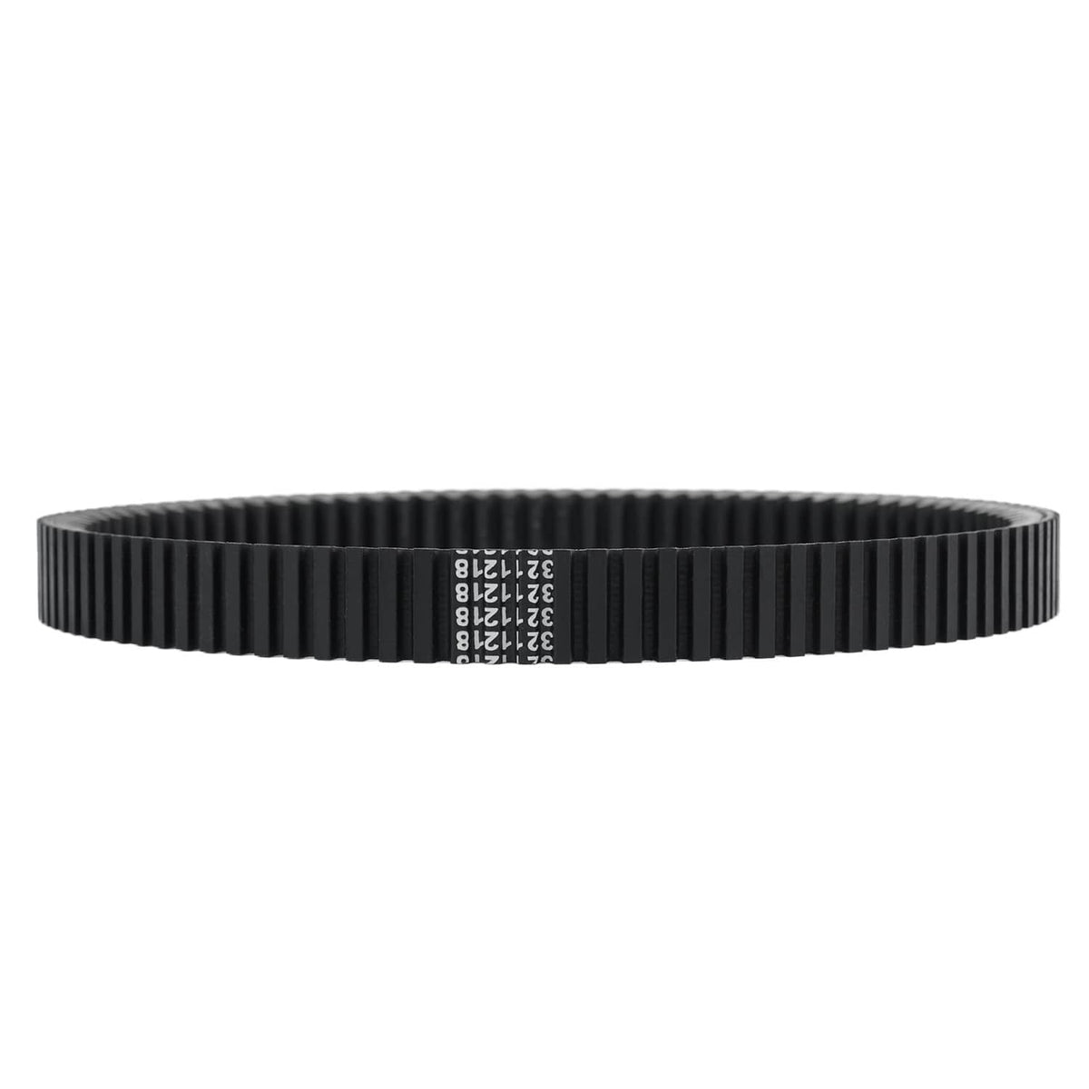 Black toothed drive belt end view with ribbed teeth and markings on the band