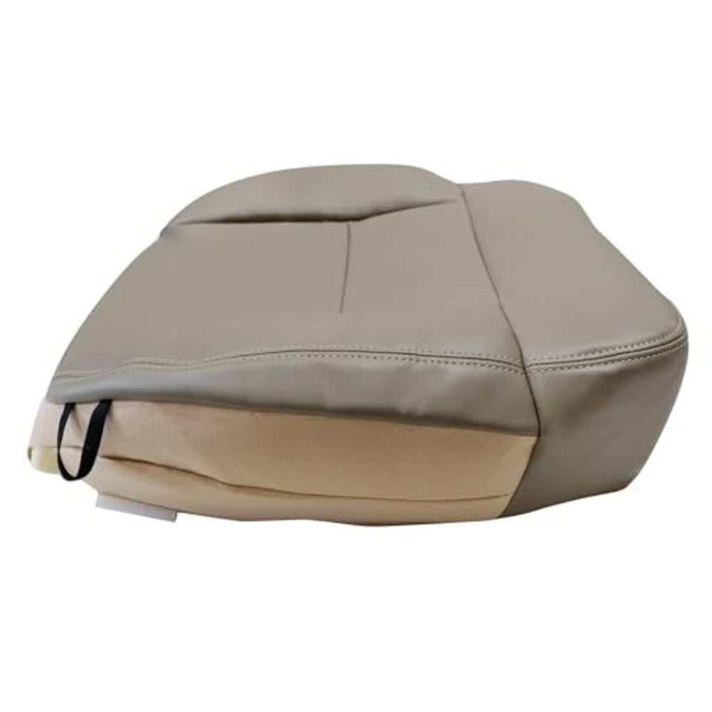 Tan leather seat cover with stitched seams and a contoured backrest cushion shape