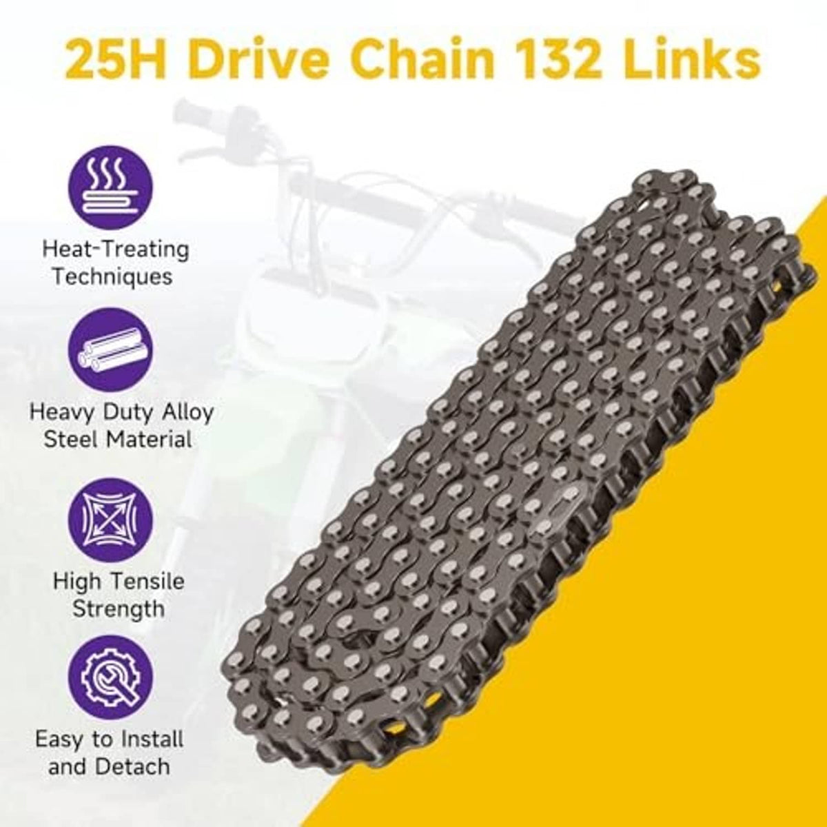 Dark steel 25H drive chain with 132 links and interlocking roller pins