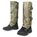 Camouflage snake gaiters with adjustable buckles, worn over hunting boots.