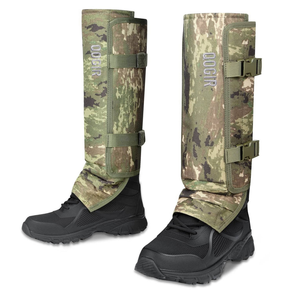 Camouflage snake gaiters with adjustable buckles, worn over hunting boots.
