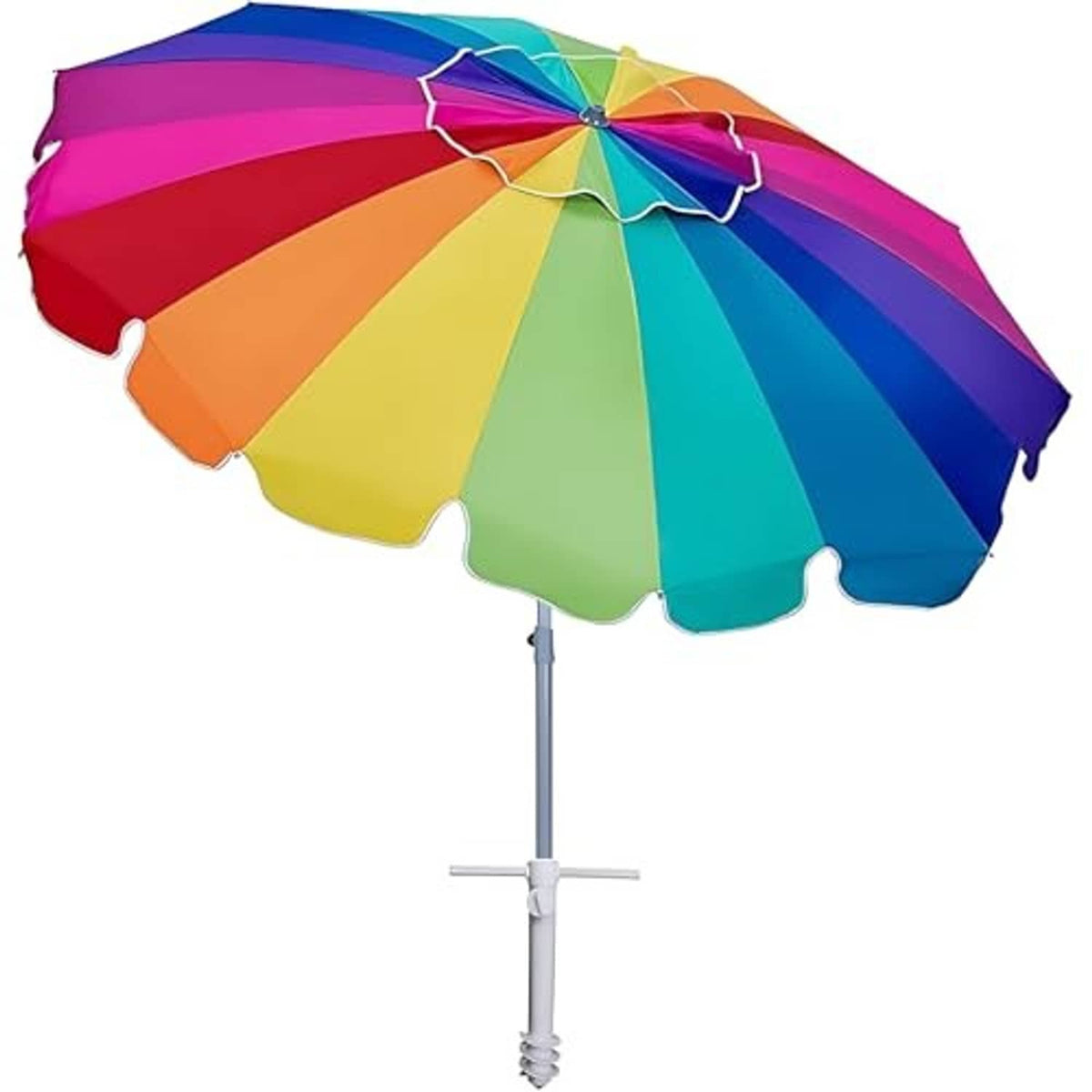 Rainbow beach umbrella with scalloped canopy and grey tilt pole with sand anchor