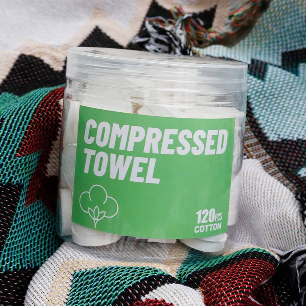 Compressed towel container, green label, white 120 pcs cotton towels