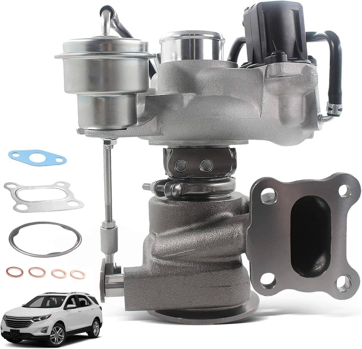 Turbocharger assembly with oil-line hoses, metal flange, and included gaskets and washers