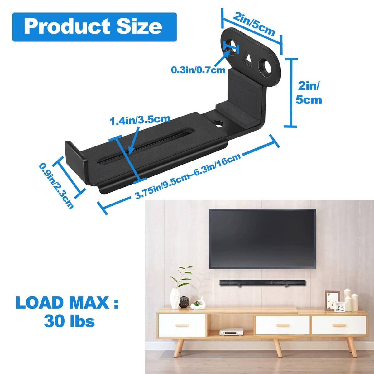 Black compact soundbar wall mount bracket with two mounting arms and screws