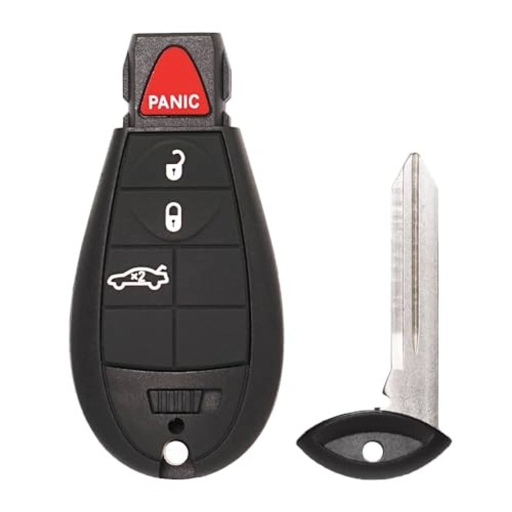 Black remote key fob with red PANIC button, key blade, and key ring holder
