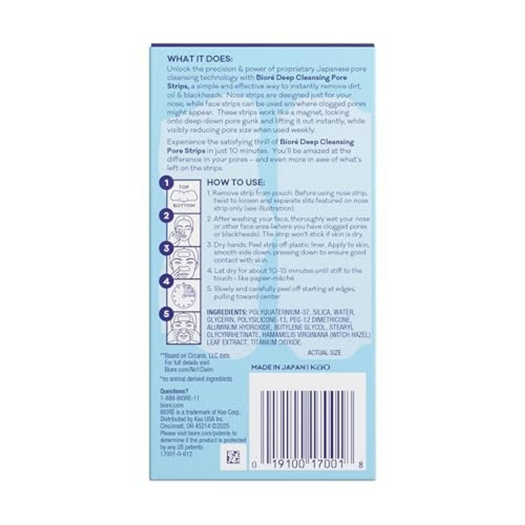 Bioré Nose+Face blackhead remover strips box back with usage instructions and barcode