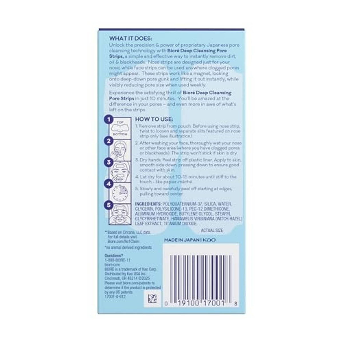 Bioré Nose+Face blackhead remover strips box back with usage instructions and barcode