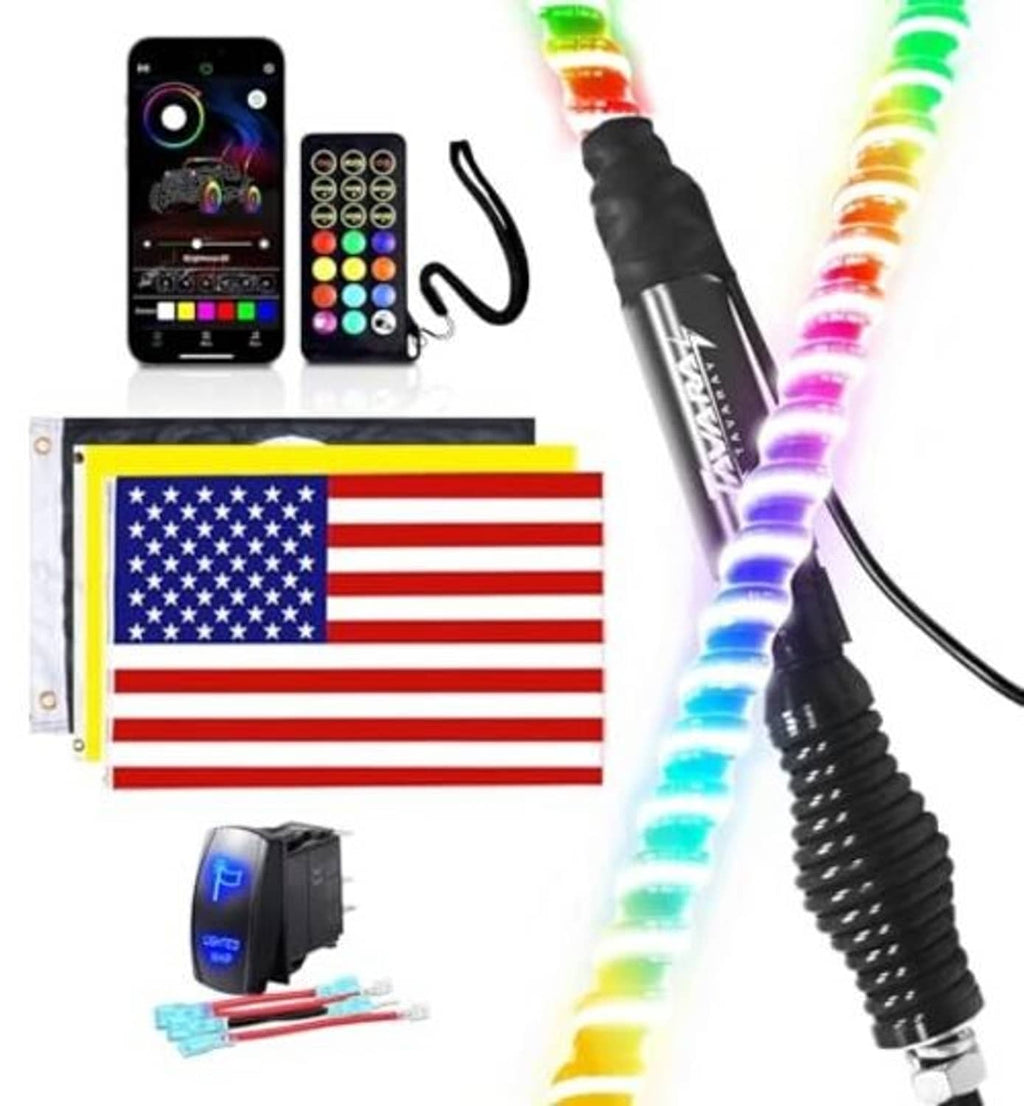 Black spring-base RGB LED whip light with glowing multicolor light tube and wiring