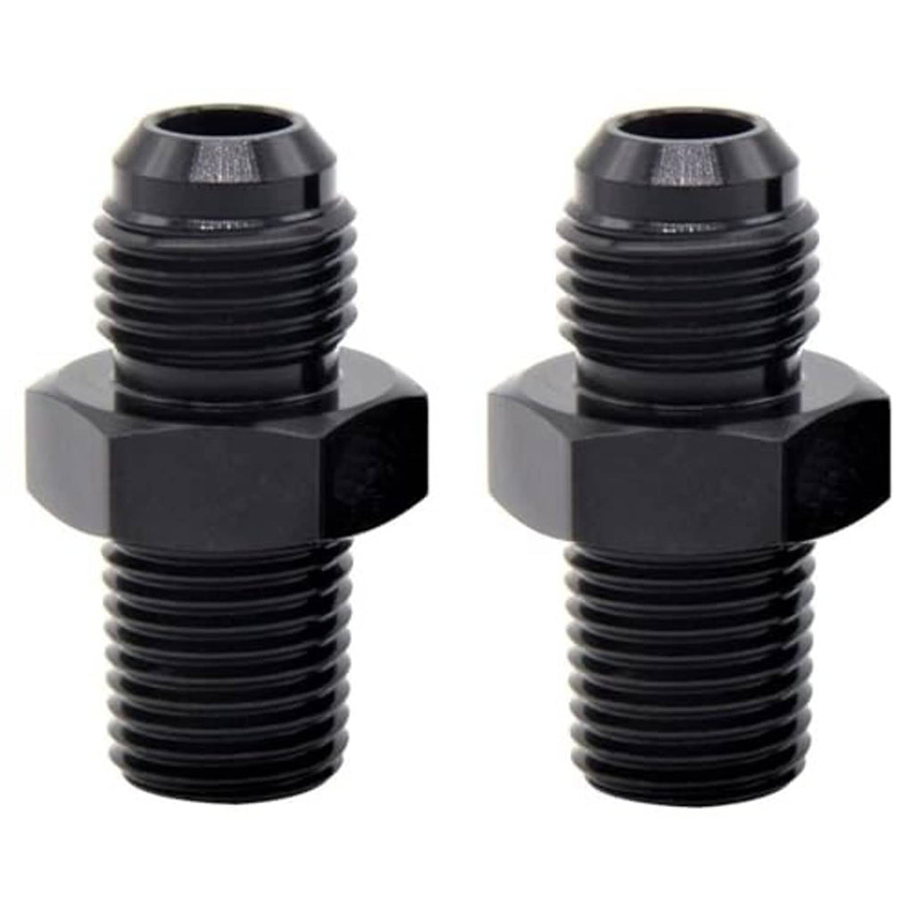 Black anodized AN-to-NPT male hose fitting, hex head with dual threaded ports