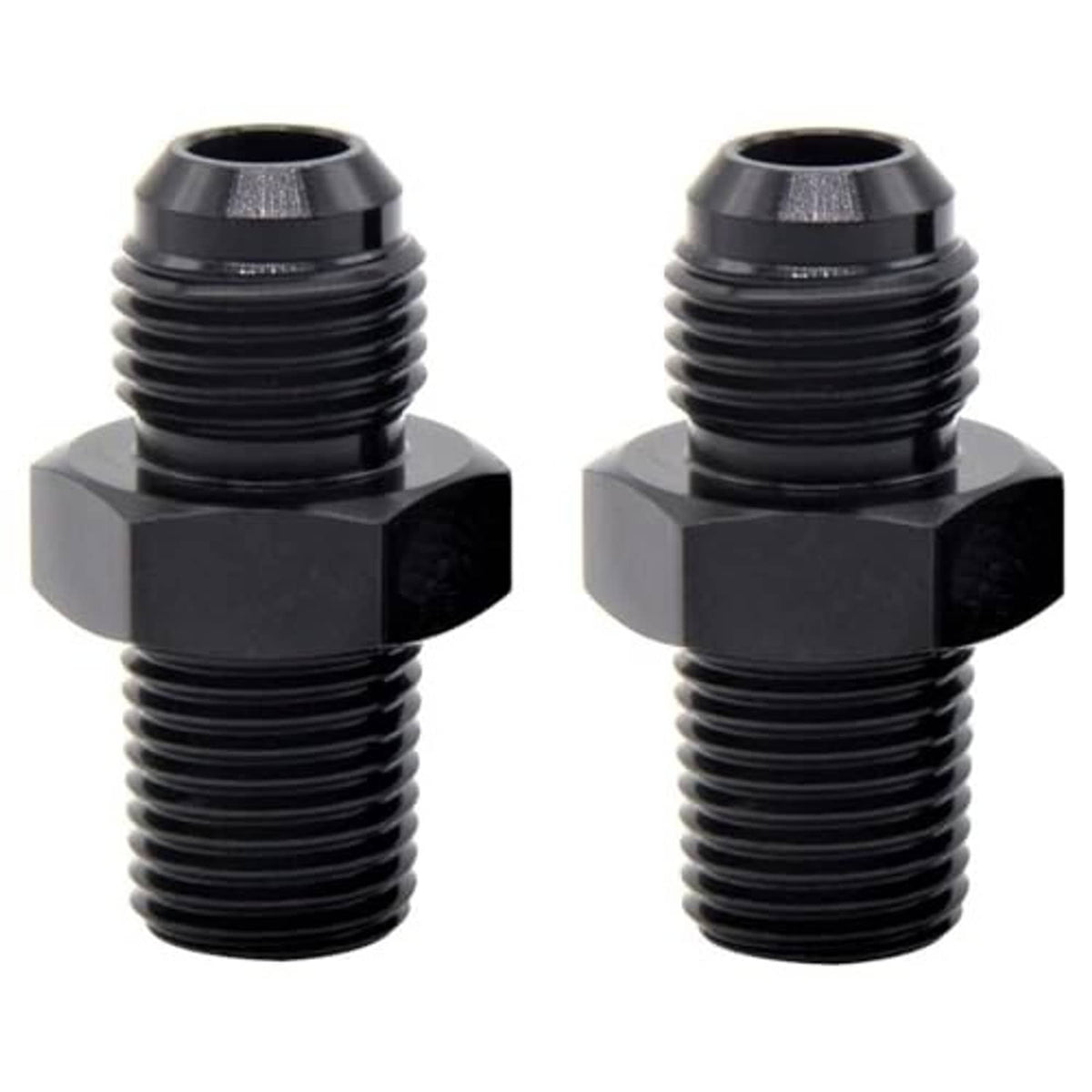 Black anodized AN-to-NPT male hose fitting, hex head with dual threaded ports
