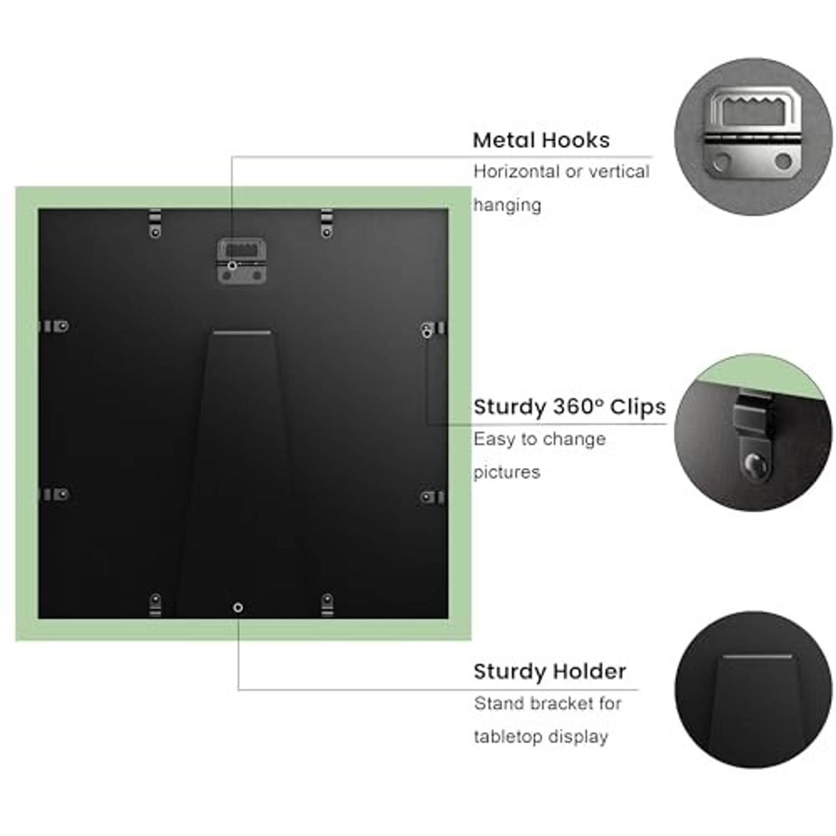 Sage green 10x10 frame back view with metal hooks, 360° clips, and stand holder