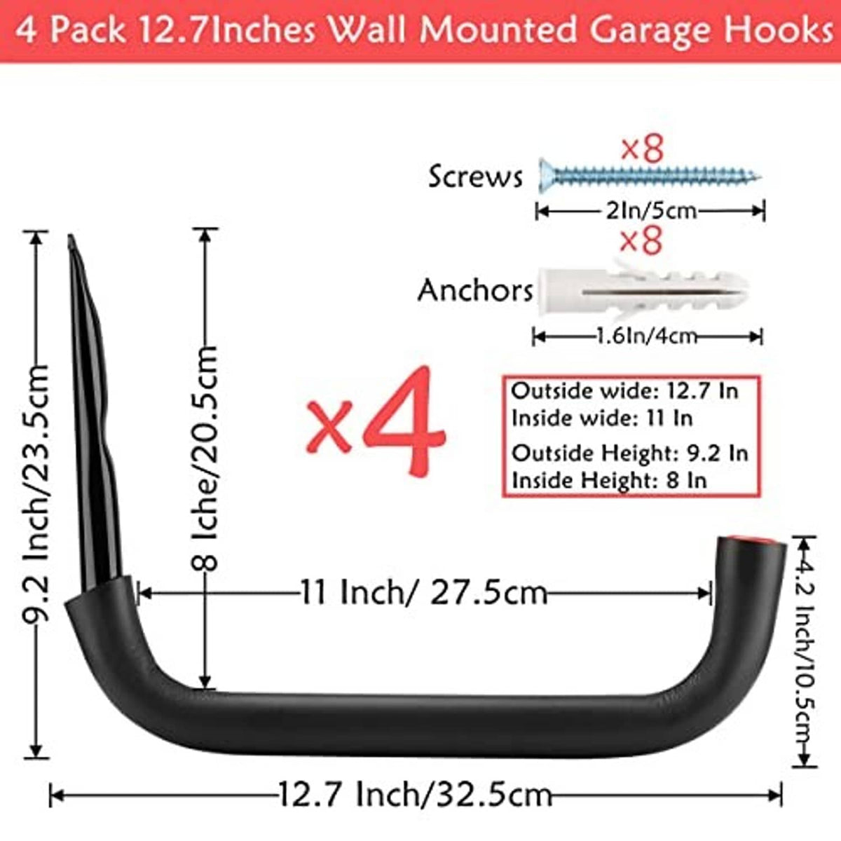 Wall-mounted hook size guide showing 12.7 in width and 4-hook set