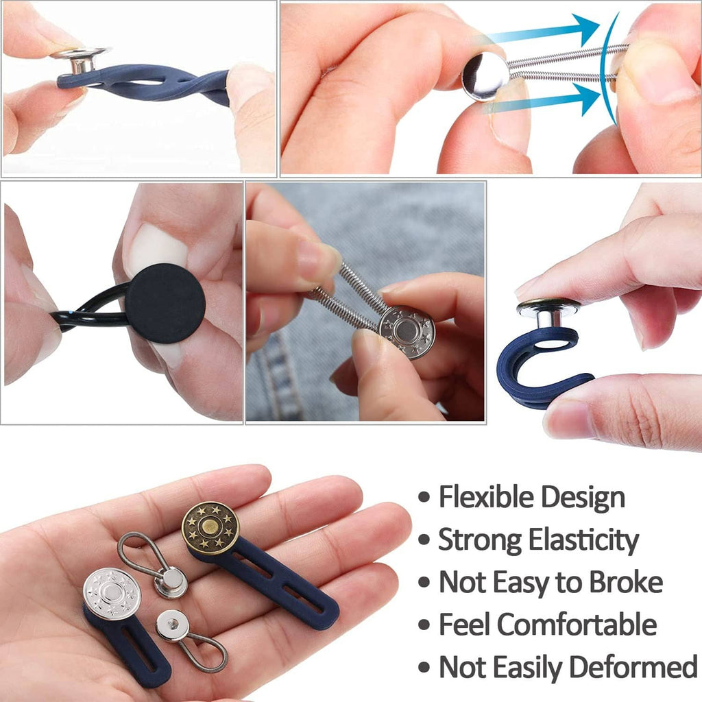 No-sew adjustable waist extender clip in hand, flexible spring and round button