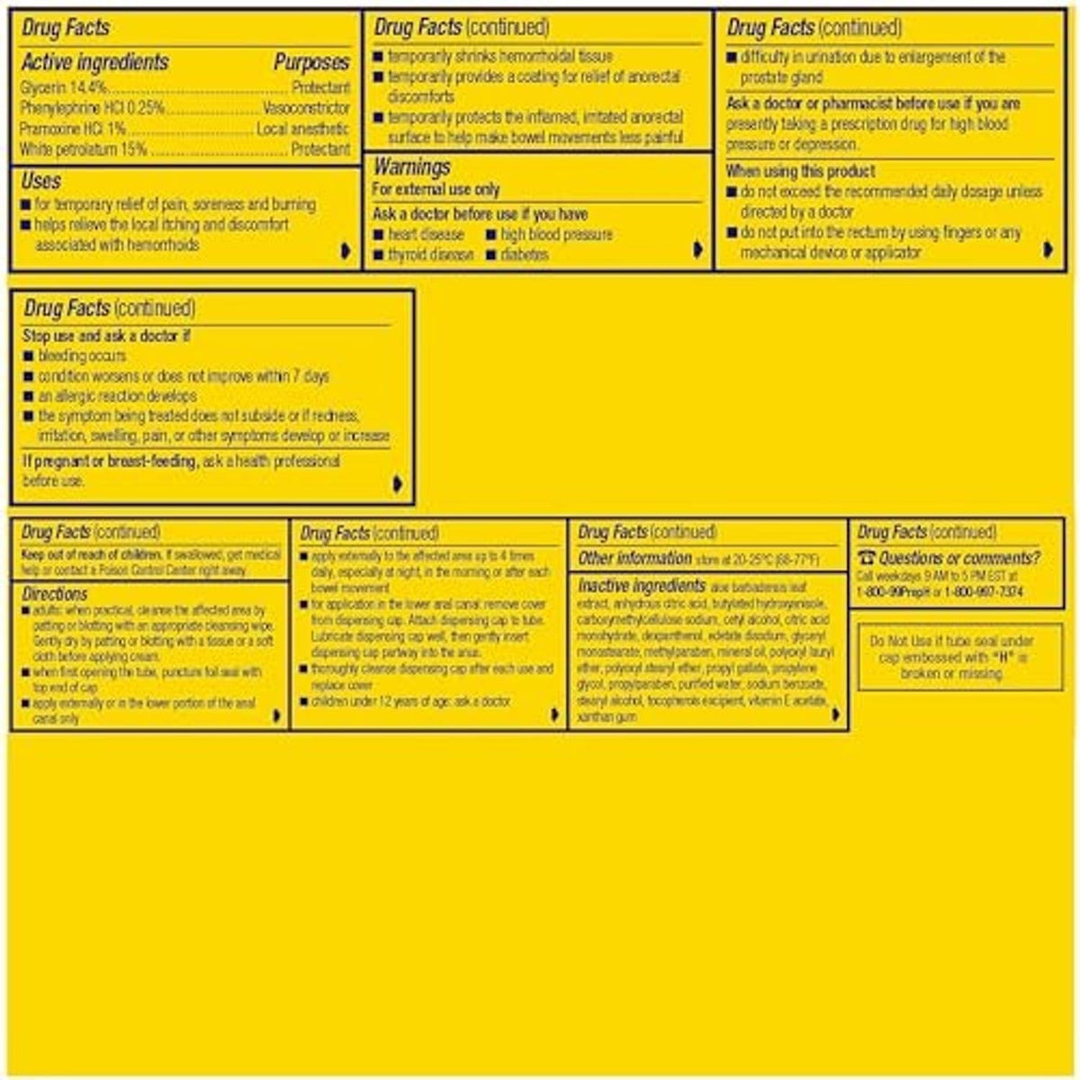 Drug facts information panel for hemorrhoidal cream, listing active ingredients and directions