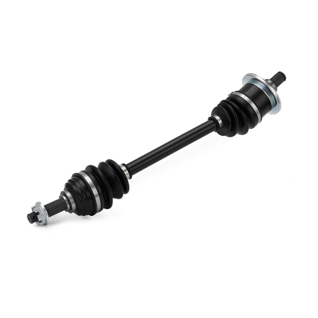 Single CV joint axle with black rubber boots and silver ring clamps