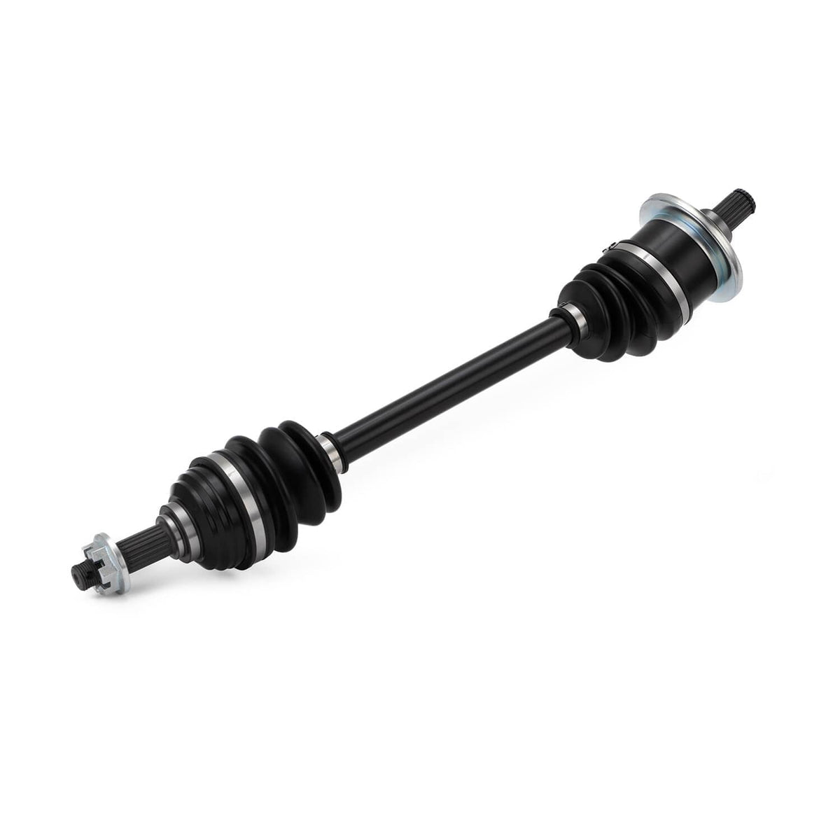 Single CV joint axle with black rubber boots and silver ring clamps
