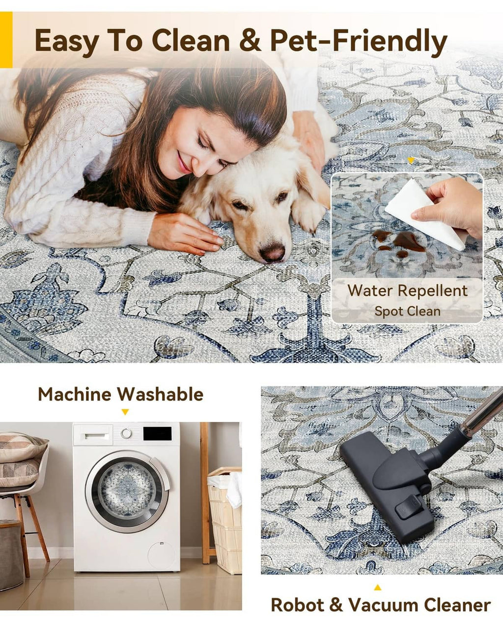 Blue-and-gray area rug with ornate pattern, shown for spot-cleaning