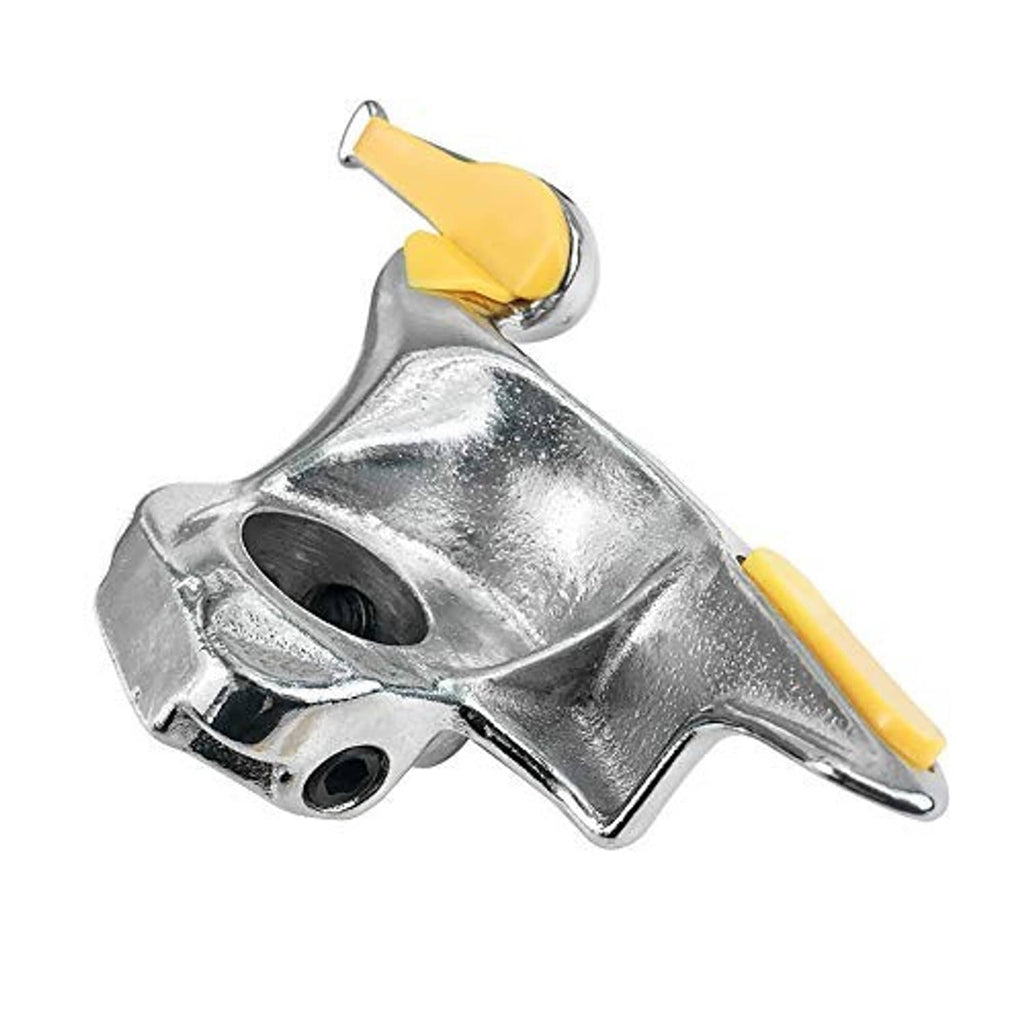 Tire changer duck head tool with silver metal base, two holes, and yellow pad on arm