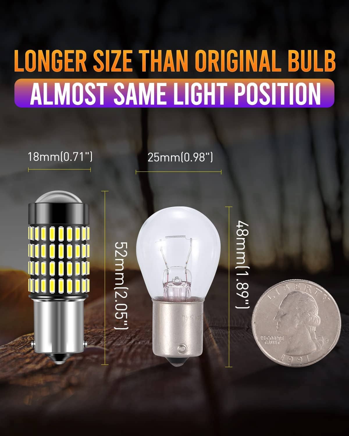 Silver BA15s LED bulb with visible LED chip grid and size dimensions