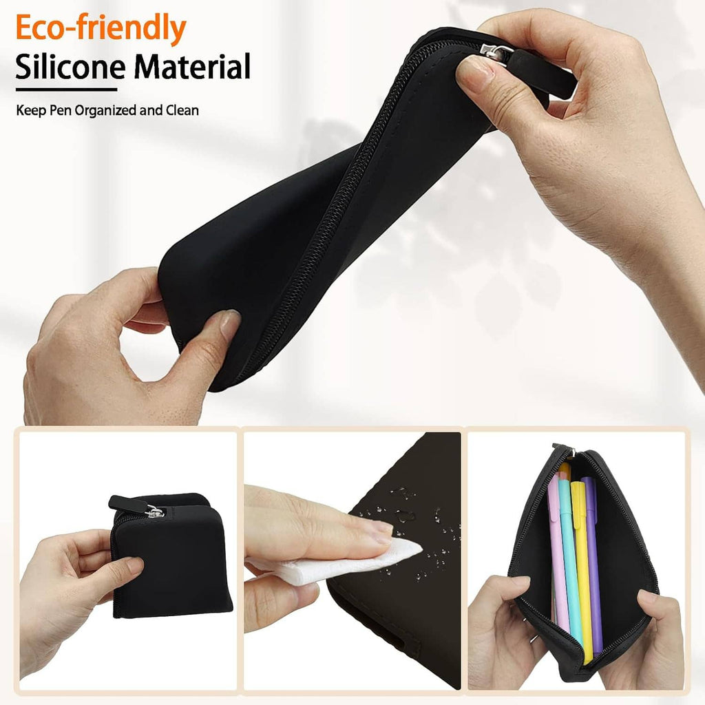 Black silicone pencil case held by hand with zipper closure