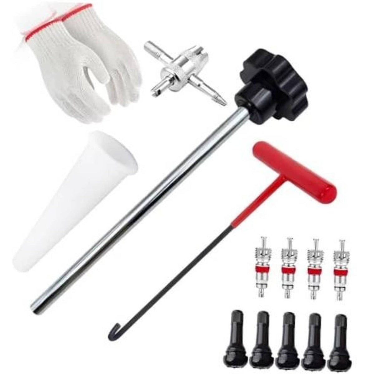 Tire valve stem removal and valve core tool kit with red handle and multiple adapters
