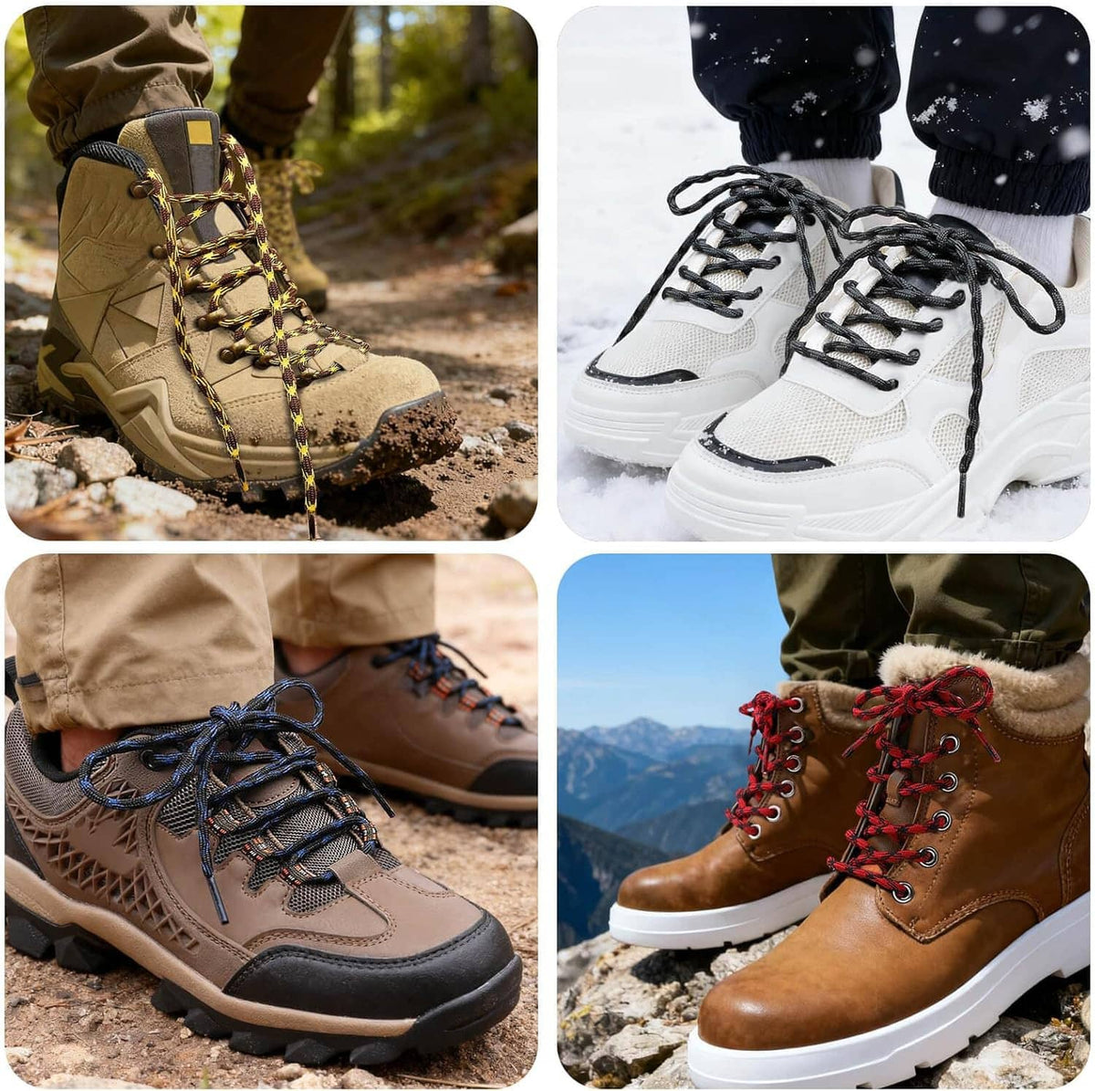 Outdoor shoes with braided round wave shoelaces in tan and dark styles, tied laces
