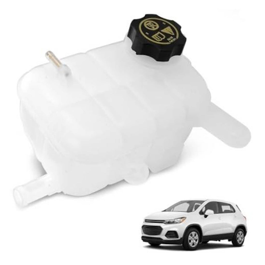 Engine coolant overflow reservoir tank with black cap, white plastic body