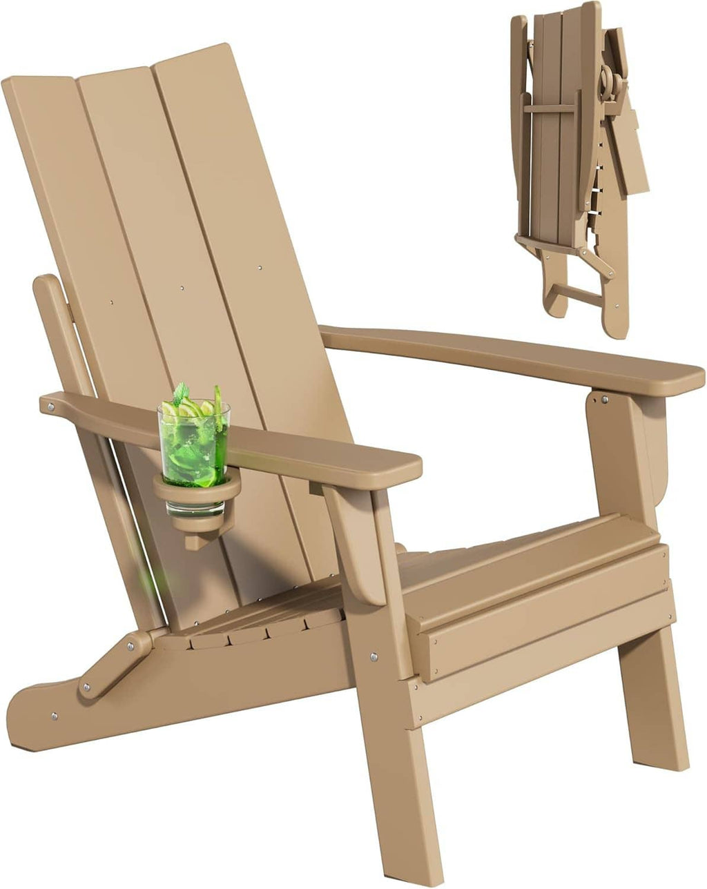 Folding Adirondack patio chair, tan slatted back and armrests with fold legs