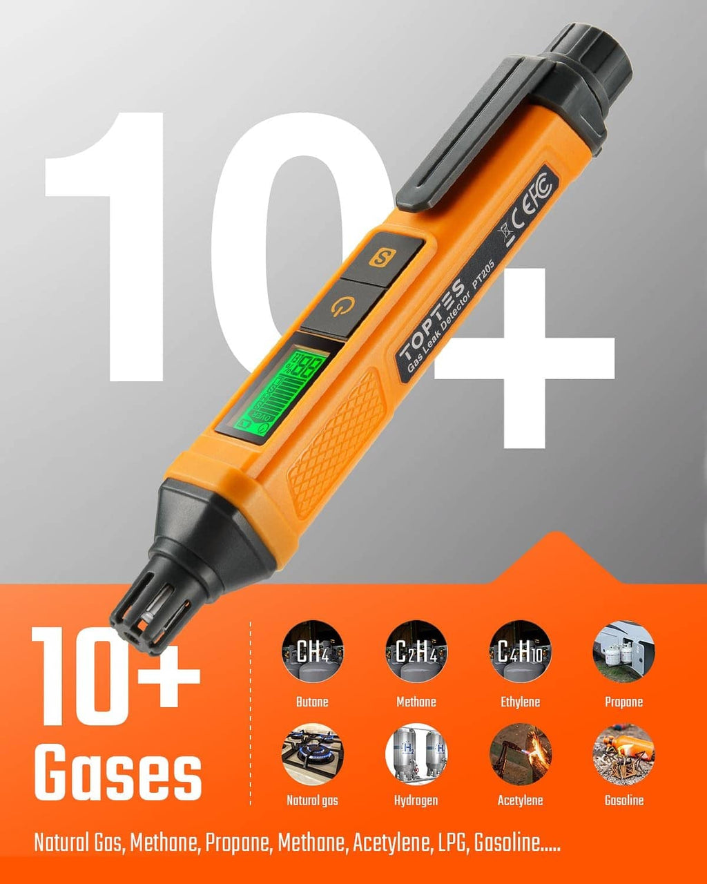 Orange gas detector close-up with green LCD display and black protective head.