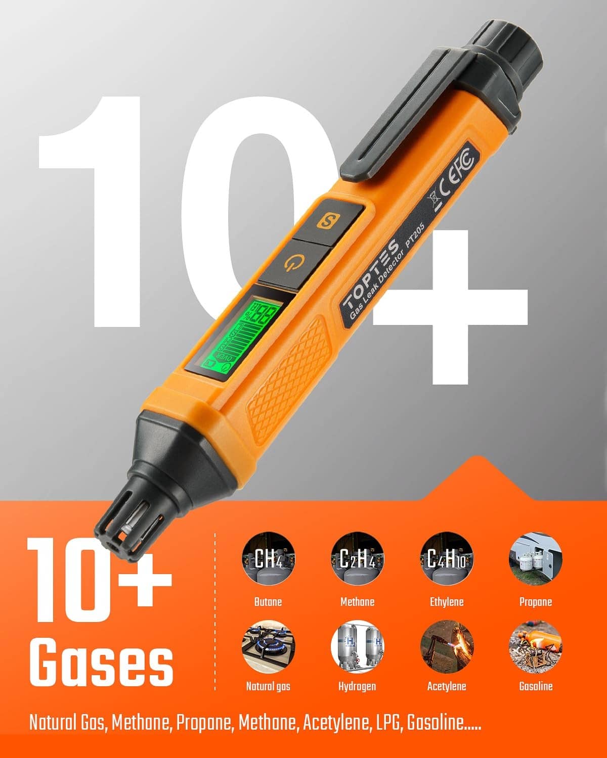 Orange gas detector close-up with green LCD display and black protective head.