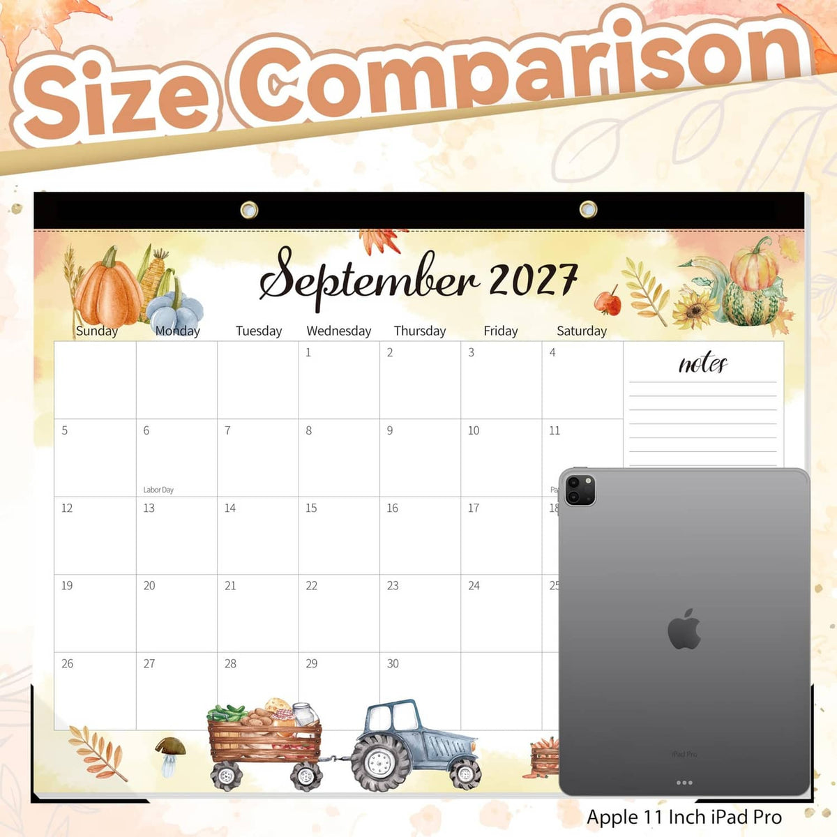 September 2027 desk calendar with iPad Pro size comparison and writing grid view