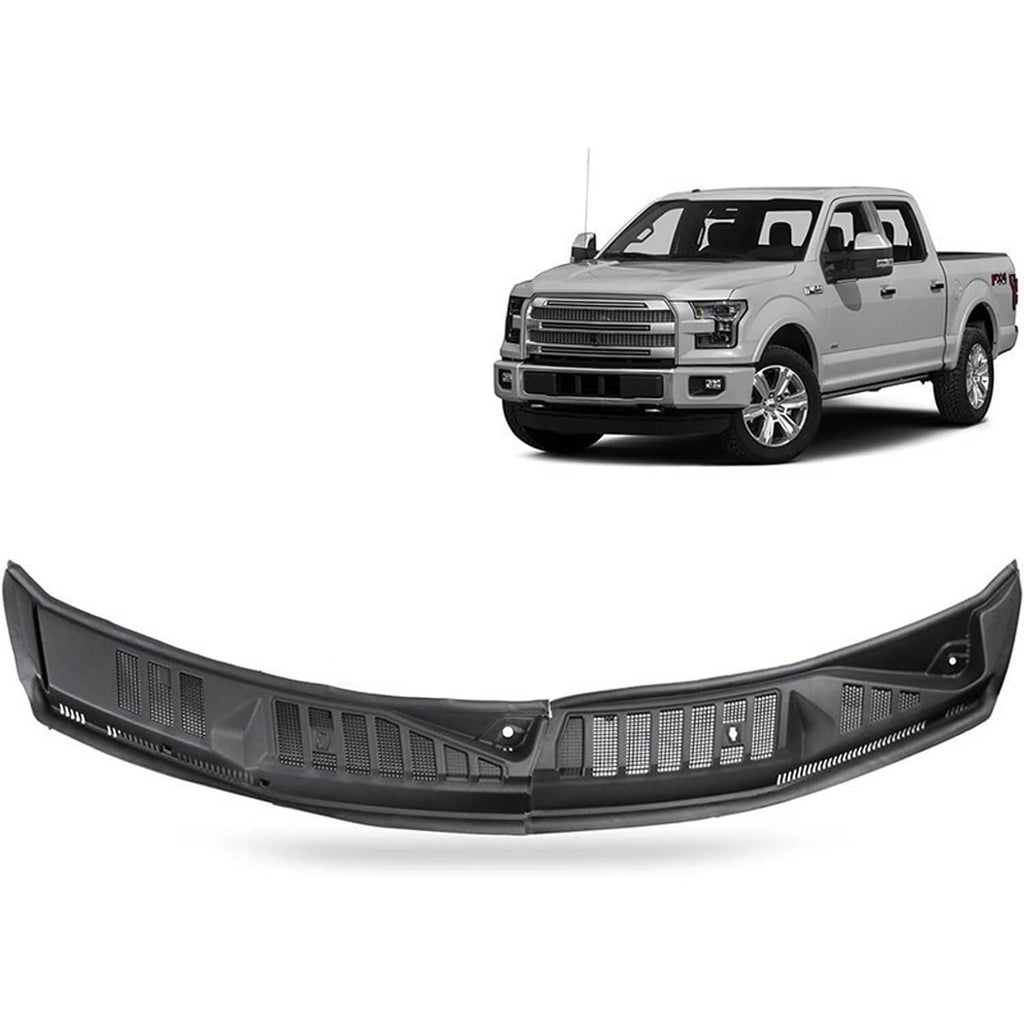 Vented black cowl top panel with molded trim and grille sections