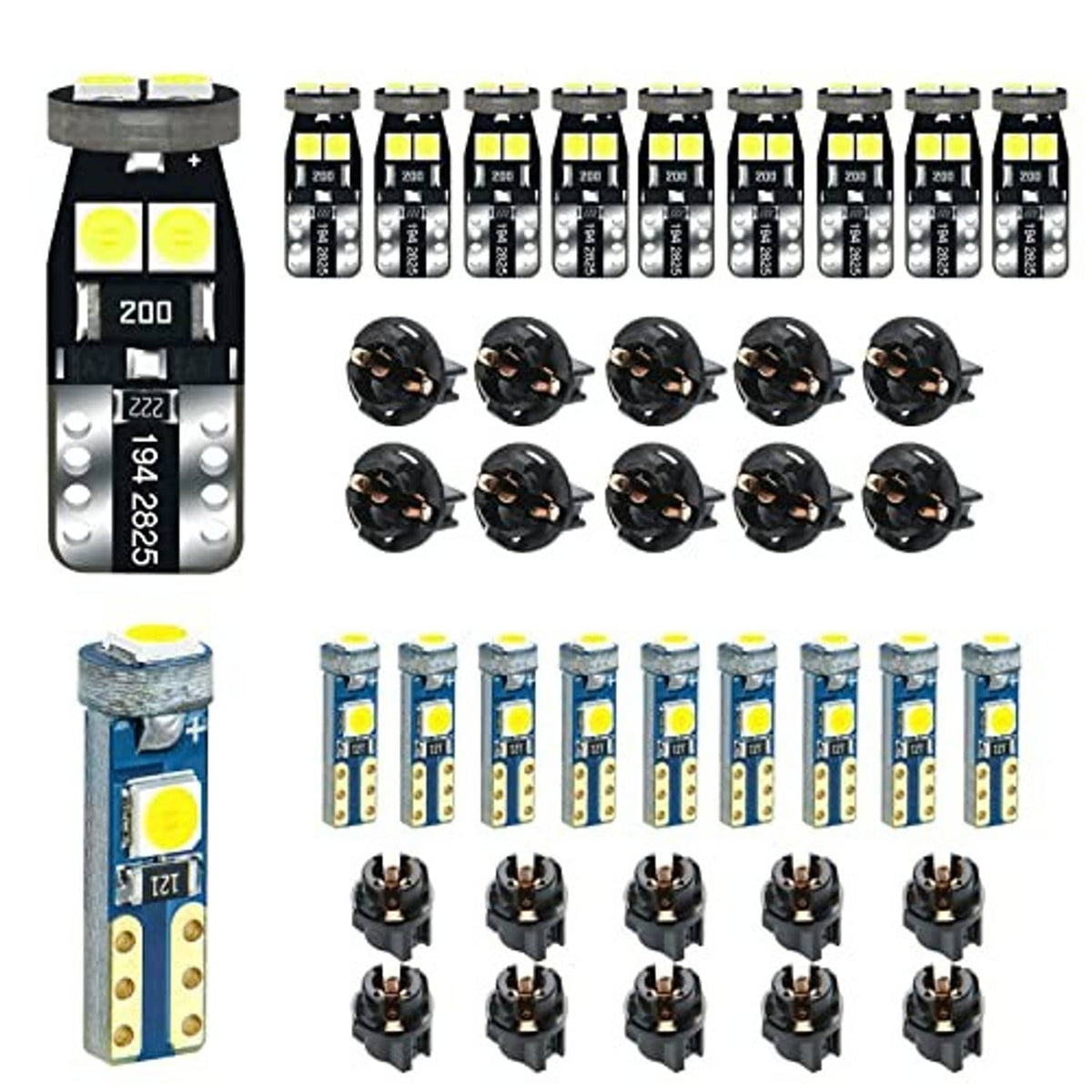 LED T5/T10 instrument light bulbs with socket, yellow chip, black base, multiple pack
