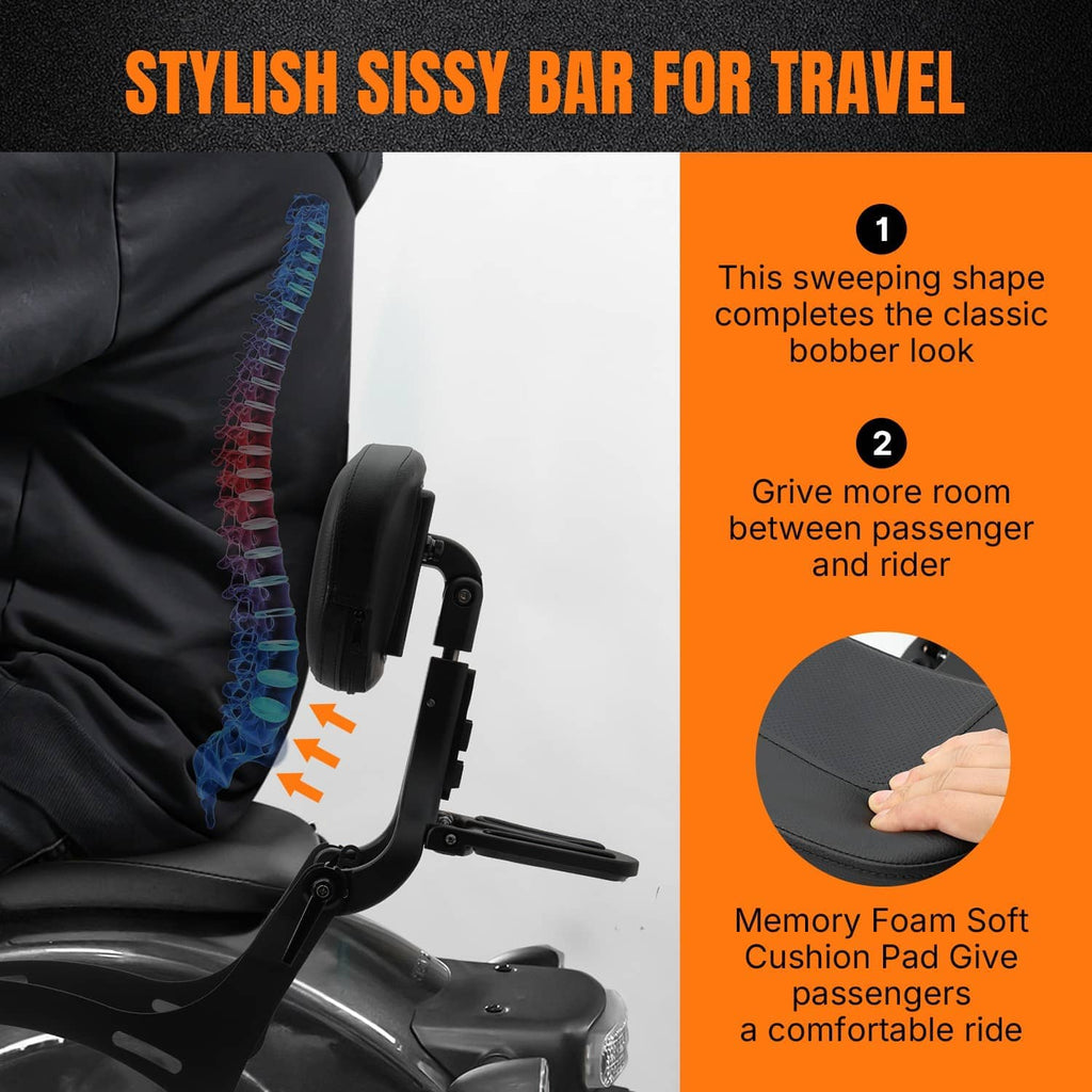 Motorcycle sissy bar backrest with black cushion pad on curved support bar