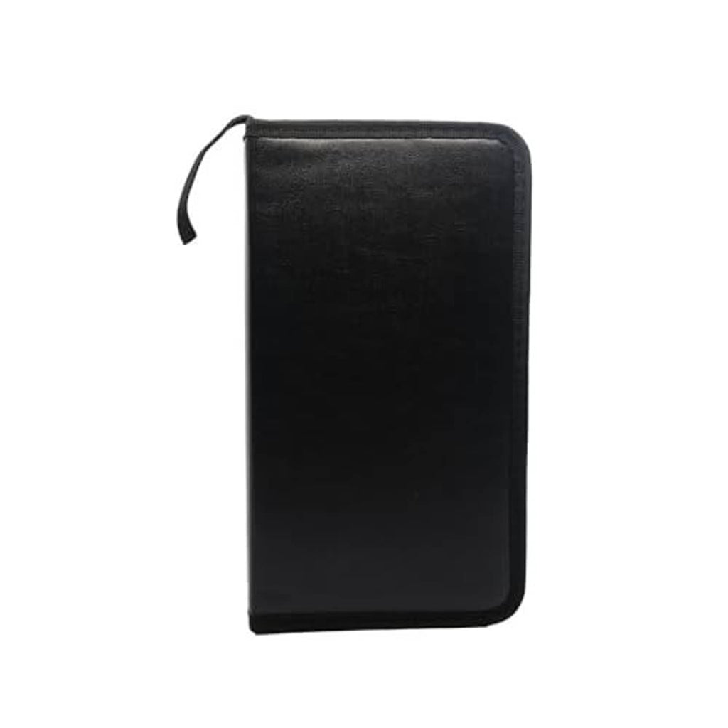 Black slim CD/DVD storage case in PU leather with top zipper and side pull tab