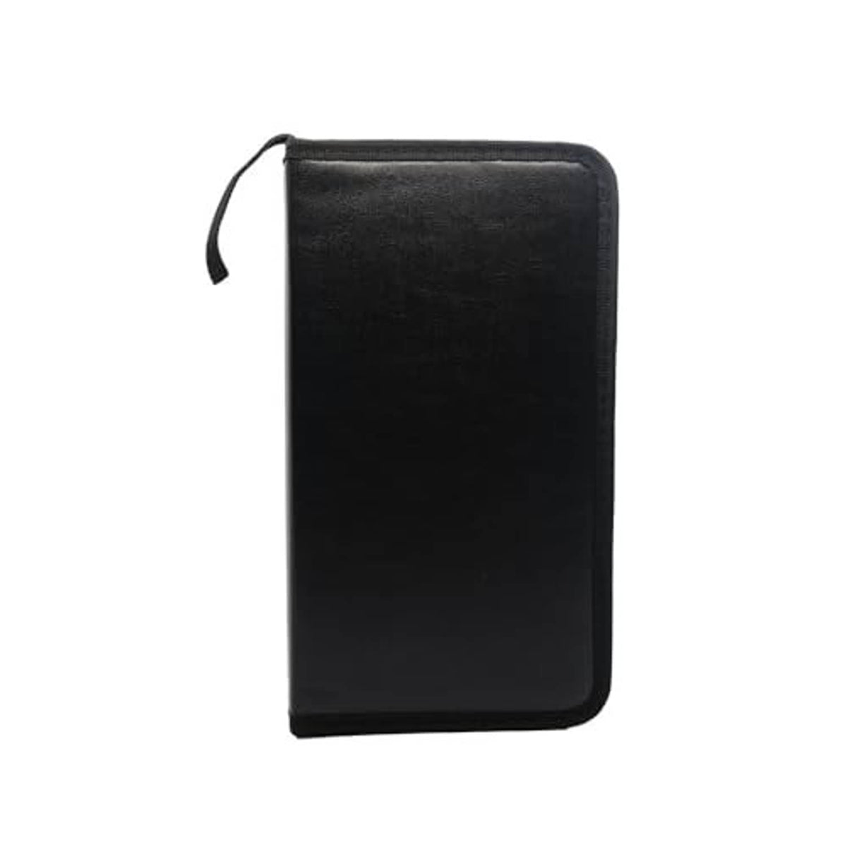 Black slim CD/DVD storage case in PU leather with top zipper and side pull tab