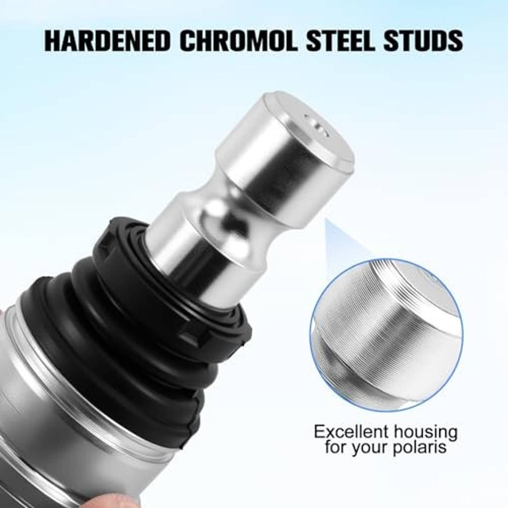 Ball joint stud with hardened chromol steel housing, silver finish and black rubber boot