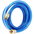 Blue garden hose coil with brass threaded male and female connectors