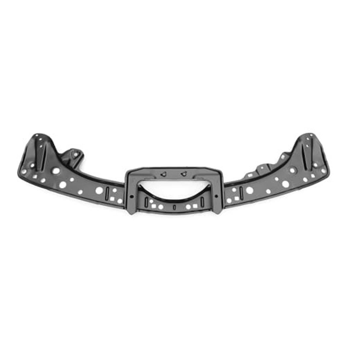 Black front upper radiator support beam with center bracket opening and mounting holes