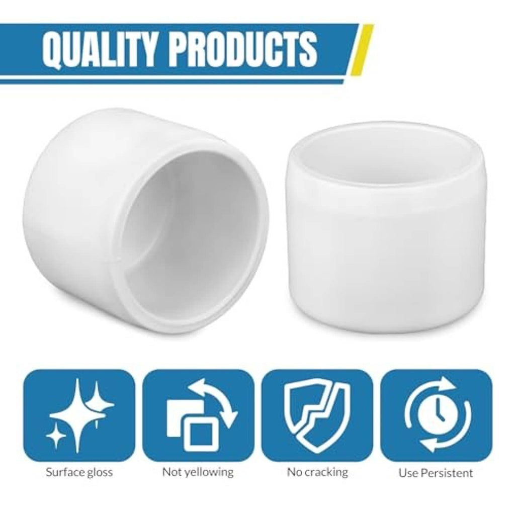 White PVC pipe end plug caps, smooth cylindrical pieces with rounded edges