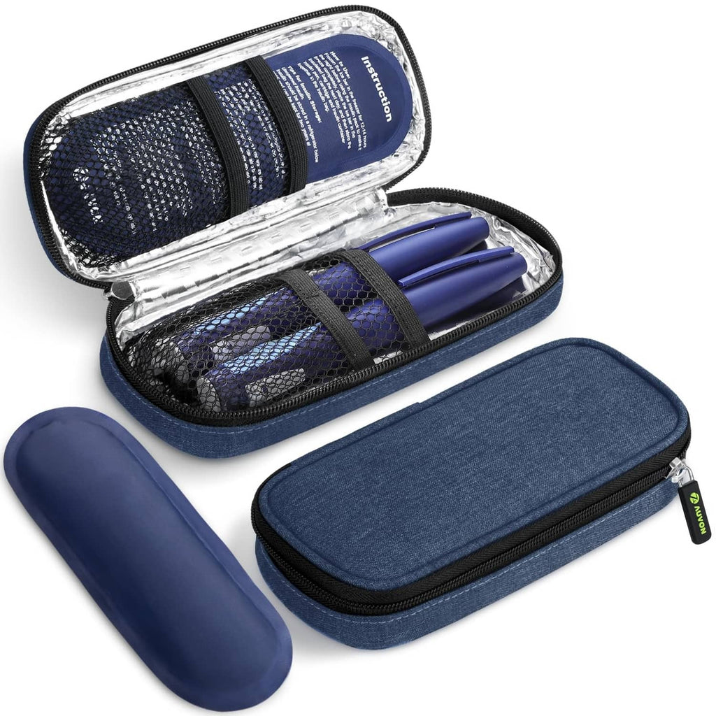 Navy AUVON insulated insulin cooler case with zip-open divider and blue cooling sleeves