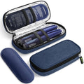 Navy AUVON insulated insulin cooler case with zip-open divider and blue cooling sleeves
