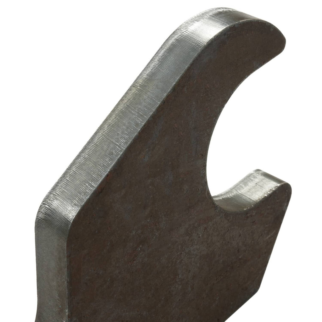 Close-up of steel bucket-ear bracket end profile with curved cutout