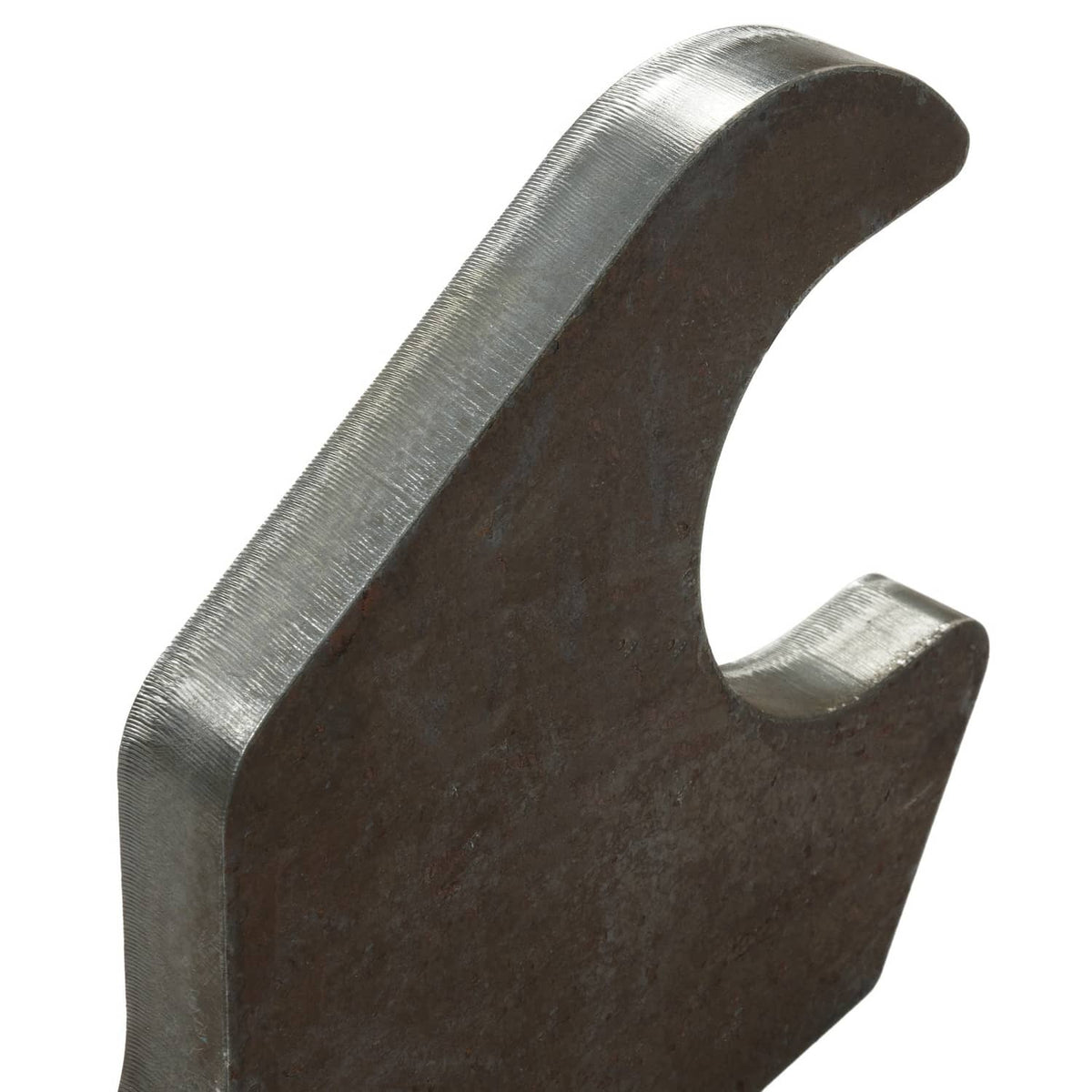 Close-up of steel bucket-ear bracket end profile with curved cutout