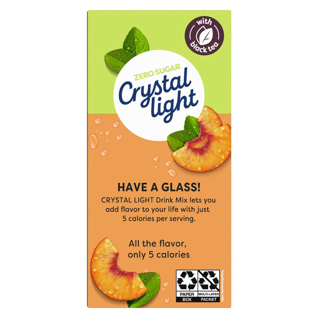 Peach iced tea drink mix box, zero sugar, have a glass, 5 calories